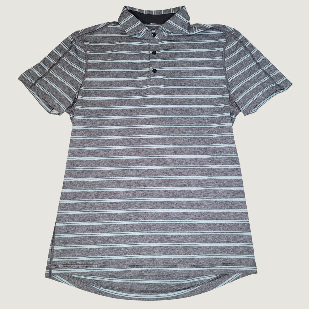 Lululemon Mens Evolution Polo Shirt Grey Blue Striped Short Sleeve Golf Top M